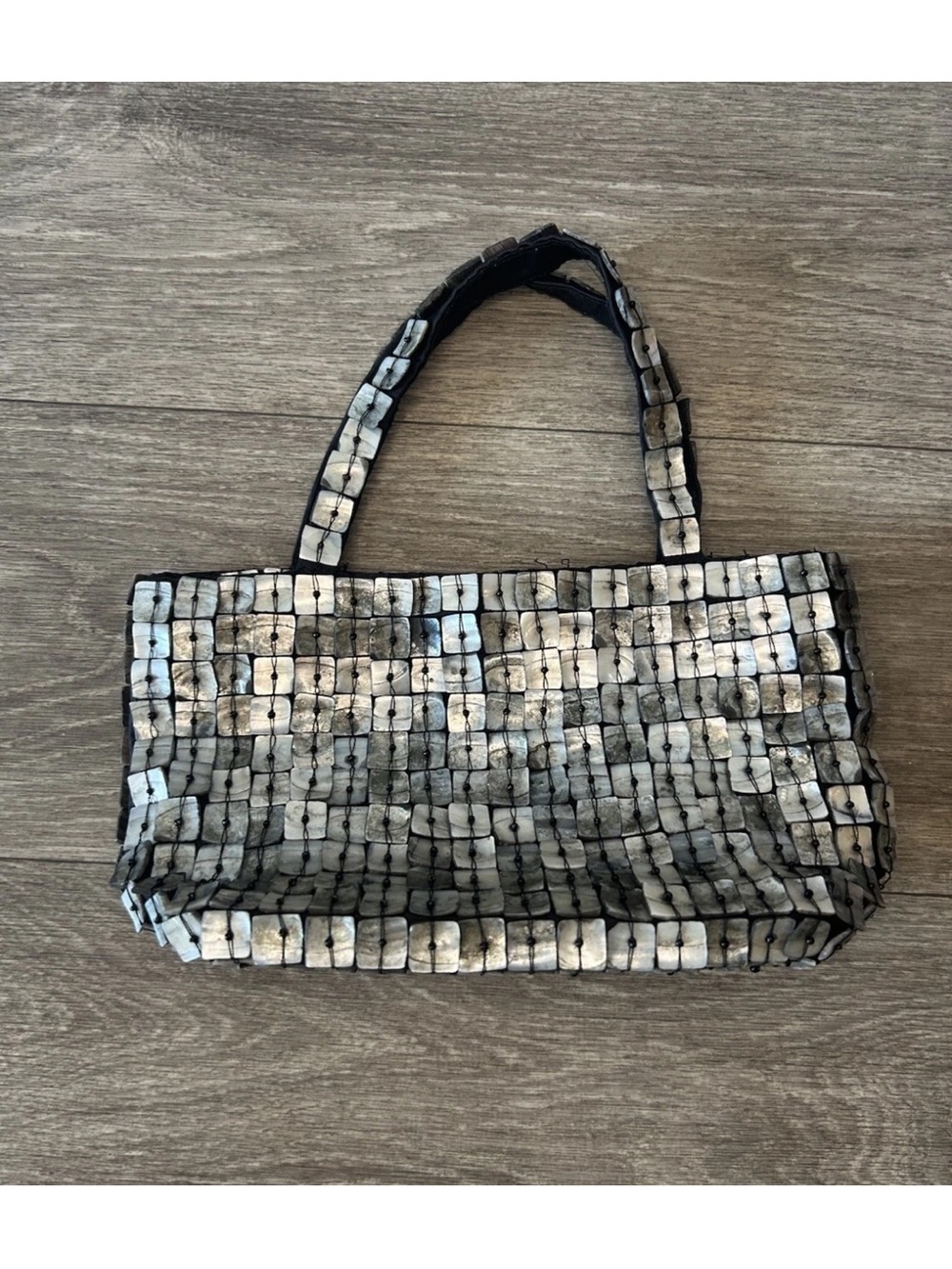 Vintage Y2K Mother of Pearl Shell Tile Handbag Beaded Silver Mini Purse - Picture 2 of 14